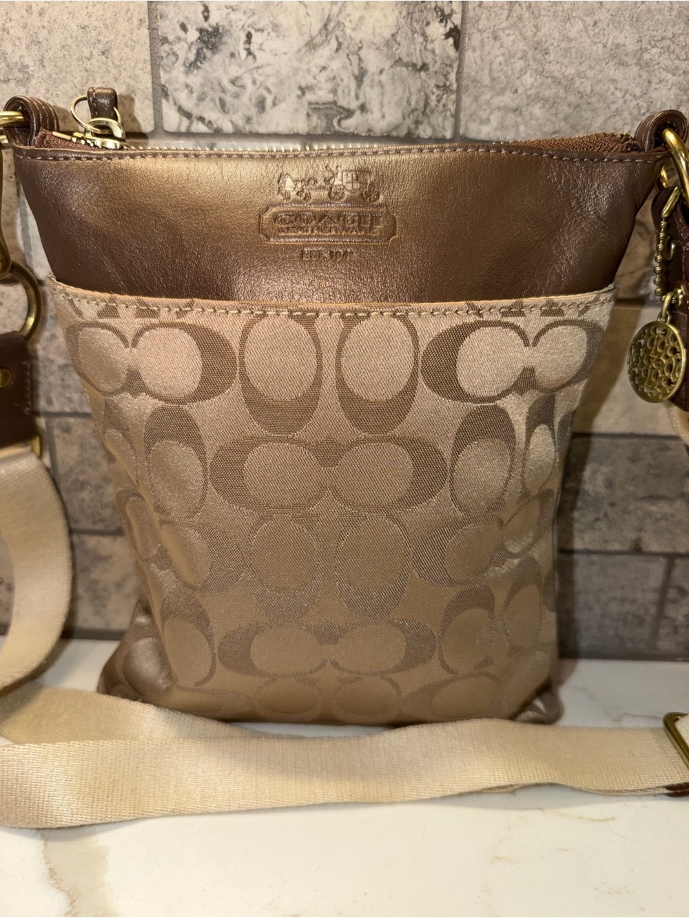 Coach Y2K Swingpack Bag in Tan and Brown Signature Jacquard with two hangtags